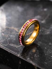 1pc Stainless Steel Gold Ring, Pave Set Colorful Square Rhinestone Thin Band, Versatile Accessory For Daily Wear, Date And Party - Multicolor - View 46