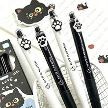 4pcs Funny Black & White Cat Paw Clickable Neutral Pens, INS Style Cute Cat 0.5mm Black Ink Pens, Student Exam Pens, Office Signal, First Day Of School - Black - View 9