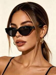 1PC Cat Eye Sunglasses For Women, Round Face, Men's Summer Sun Protection, Fashionable, UV-Resistant Glasses - Black - View 1