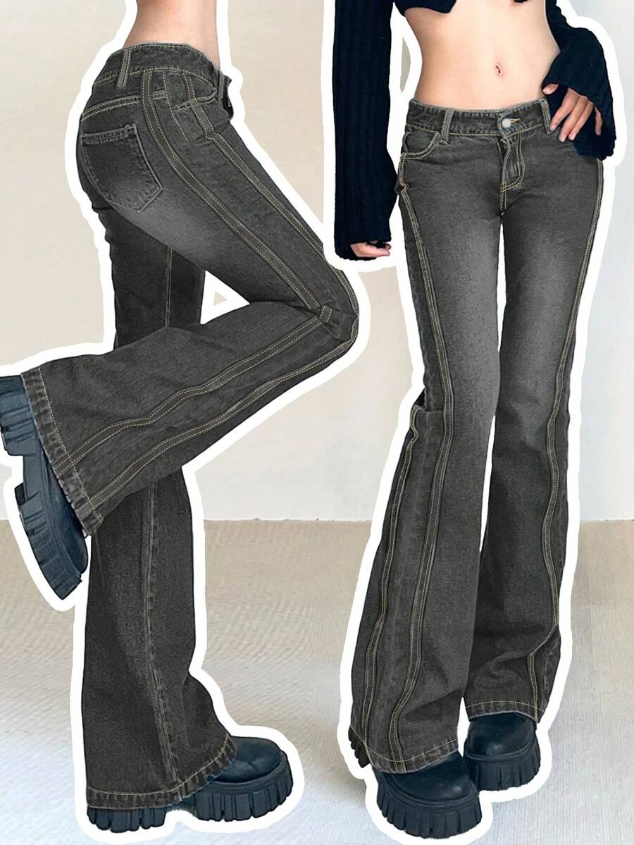 Women's Y2K Flared Jeans With Pockets, Autumn Casual Spring Fall - Dark Grey - View 1