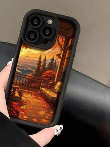 1 buah Casing Ponsel Motif Daun Maple Matahari Terbenam Musim Gugur Tangga Tianyan, Bingkai Kulit Hitam, Pelindung TPU Lembut Tahan Guncangan, Kompatibel dengan Ponsel GALAXY, HONOR - Hitam - View 4