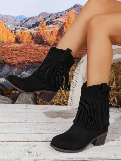 WTKMRSSTEP Women's Fashion Autumn/Winter Vintage Slip-On Mid-Calf Boots, Comfortable Versatile Tassel Boots