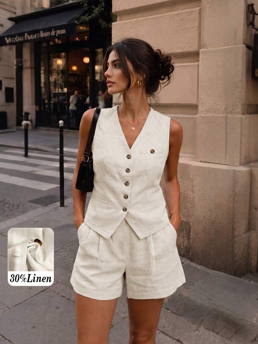 Women's Casual Linen Blend Solid Color Sleeveless Blazer And Pleated A-Line Shorts Set Summer - Apricot - View 1