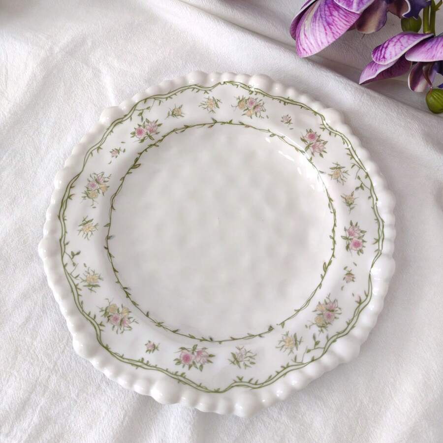 1pc 7.8 Inch Beaded Floral Ceramic Plate, Home And Commercial Use - Blue Vine Floral - View 1