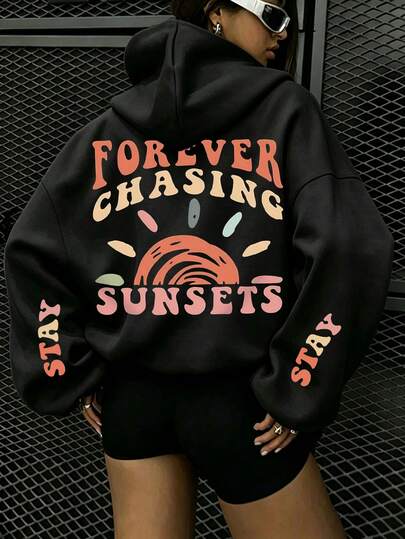 Letter & Sun Print Hooded Sweatshirt, Plus Size Women's Casual Autumn/Winter Long Sleeve Pocket Sweatshirt, Suitable For Winter Holiday, Beach, Vacation, Autumn, Halloween, Christmas, New Year. Suitable For Daily Wear, Going Out Top, Outings, Holidays, Beach, Parties, Birthdays, Beach, Gatherings, School, Music Festivals, Vacations, Commuting, Fitness, Weddings, New Year, Fashion