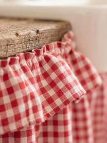 1pc Black And White Plaid Fabric Washable Material Round Basin Skirt With Ruched Hem And Pleated Details, Minimalist Fashion Style, Concealing Washbasin Storage And Decorative Function, Suitable For Bathroom Daily Arrangement And Modern Home Decor - Red - View 6