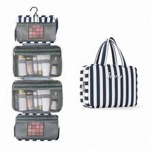 Tas Perlengkapan Mandi Lipat Bergaris yang Dipersonalisasi dengan Gantungan, Tas Kosmetik Portabel Multi-Kompartemen Kapasitas Besar, Hadiah Ideal - MultiWarna - View 14