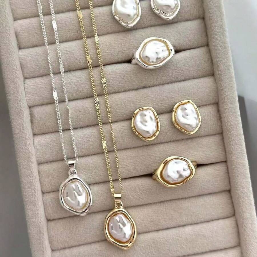 4pcs/Set Fashion Elegant Rayqueen Asymmetrical Baroque Pearl Earrings, Ring, Pendant Necklace Jewelry Set, Suitable For Daily Wear And Parties - Silver - View 1