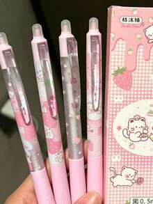 4pcs Strawberry Cat Retractable Erasable Blue Ink Pens, INS Style Student Erasable Blue Neutral Pens - Blue - View 4