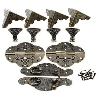 Jewelry Box Hardware Kit Antique Buckle Latch Vintage Bronze Hinge Box Corner Protectors Bracket Feet Leg With Matching Screws Used For DIY Making Repairing Small Wooden Box Project