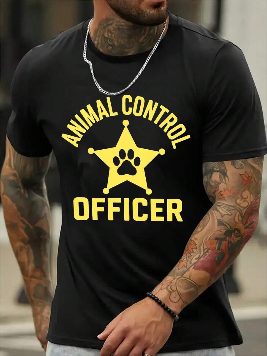 Men's T-Shirt With Animal Control Officer Print - Black Base, Eye-Catching Yellow Print - Breathable Cotton Blend T-Shirt - 黑色 - 查看 1