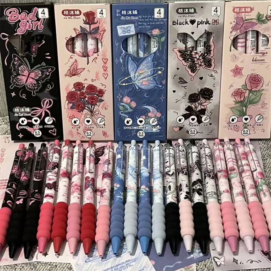 4支裝 蝴蝶浪漫玫瑰系列 軟刷頭 INS風 ST頭 黑色快乾中性筆,適合青少年 - 玫瑰中性筆 - 查看 1