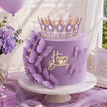 57pcs Purple Rhinestone Crown Cake Topper Set, Gold Butterfly Decor, Happy Birthday Acrylic Cake Topper, Princess Birthday Party Cake Decoration Supplies - Multicolor - View 2