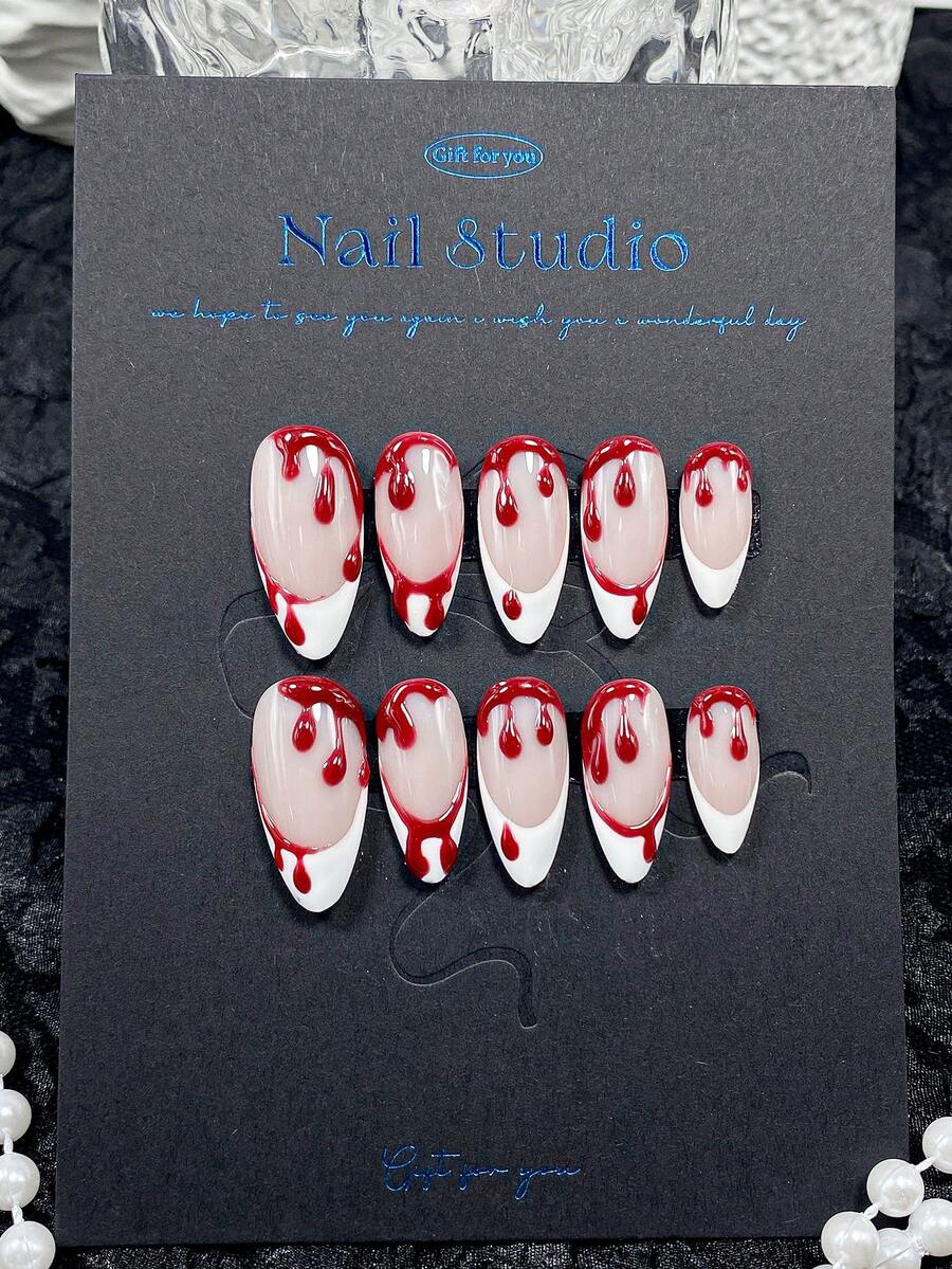 10 Peças de Unhas Postiças Feitas à Mão, Unhas, Unhas Falsas, Unhas de Halloween, Unhas Amendoa, Rosa, Azul, Vermelho, Branco, Preto e Verde, com Padrões de Textura de Bolhas de Sangue Gotejante Rosa, Azul e Verde, Perfeito para Uso Diário, Encontros e Ocasiões Casuais de Menina Delicada - Vermelho e Branco - Visão 1