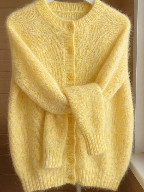 SEREN New Autumn/Winter Cream Yellow Crew Neck Women's Knit Cardigan, Loose, Casual, Fashionable Sweater Jacket, Daily Commute, Outing Wear