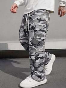 1pc Men's Casual Sports Cargo Pants, Loose Straight Fit, Wrinkled Texture, Suitable For Home And Outdoor Activities, Also Can Be A Gift For Couples. Made Of 100% Polyester Fiber, Equipped With Drawstring Waistband For Easy Adjustment - Light Grey - View 7