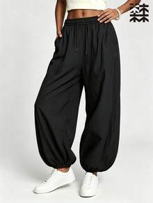 mulinsen Women's Harem Sweatpants, Elastic Cuffed Ankle Ruched Loose Parachute Fabric, Fitness & Casual - Black - View 9