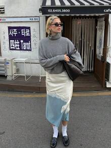 Women's Autumn Elegant Casual Gray Turtleneck Drop Shoulder Long Sleeve Cropped Knit Sweater, Suitable For Daily Wear Fall - Grey - View 5