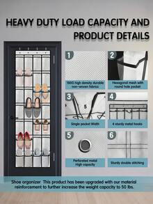LMMAKE 1PC Over Door Hanging Shoe Organizer, 28 Pockets With 4 Metal Hooks, Wall/Closet Door Storage Bag For Shoes And Daily Sundries, Suitable For Apartment & Rental Home - Black - View 4
