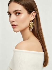 2 pièces Boucles d'oreilles pendantes asymétriques élégantes et exquises avec feuilles et franges, incrustées de CZ en métal doré, convenant pour les fêtes, les rassemblements, les cadeaux - Doré - Voir 2