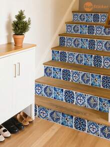 SUPSTICKER 1 Roll 4pcs Bohemian Geometric Floral Tile Stair Tread Stickers, PVC Self-Adhesive Waterproof Oil-Proof, 6/6.5/7/7.5/8x47.24 Inches, Suitable For Stairs, Kitchen Walls - 4PC - View 5