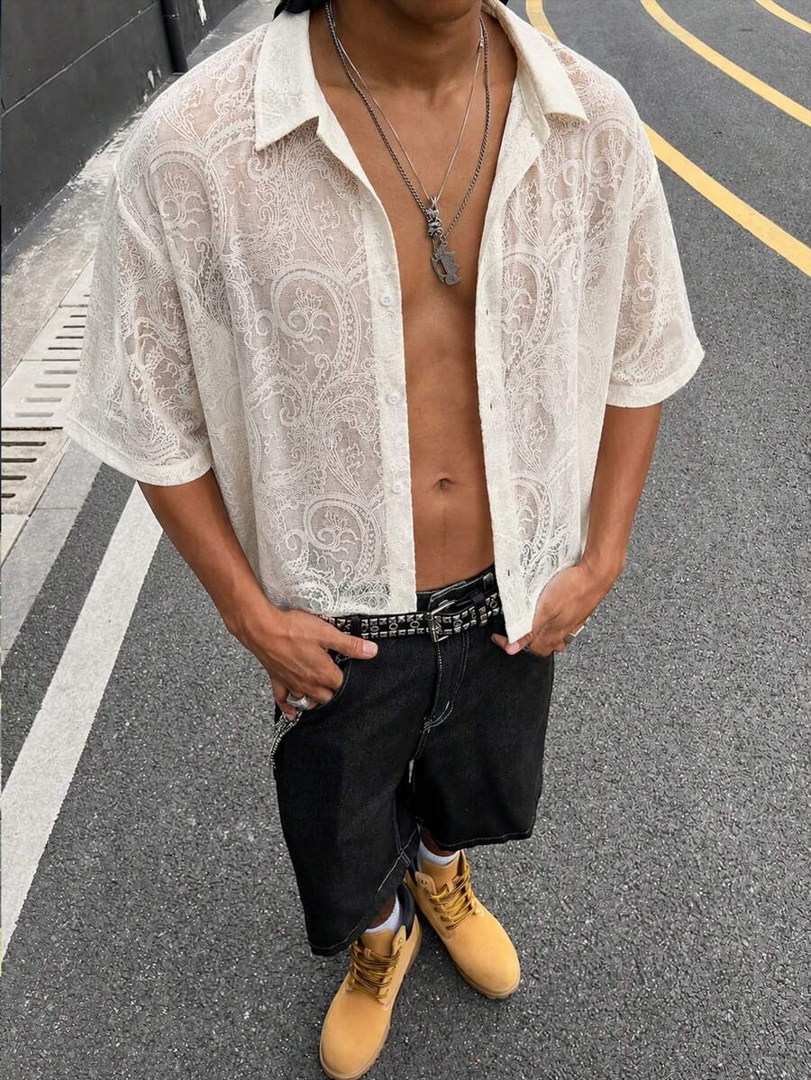 HOMIIE 男士性感透視提花短袖鈕扣襯衫,適合週末約會、派對、夏季度假派對,送給男友/兒子的完美禮物 - 杏色 - 查看 1