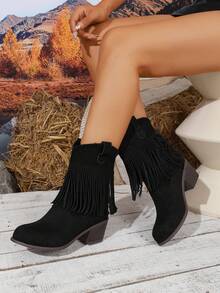 WTKMRSSTEP Women's Fashion Autumn/Winter Vintage Slip-On Mid-Calf Boots, Comfortable Versatile Tassel Boots - Black - View 2