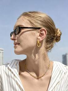 S SHOPBOHO 1 paire de boucles d'oreilles à maillons de chaîne hypoallergéniques ton or & argent, matériau en acier inoxydable, design à maillons ovales - Boucles d'oreilles géométriques - Voir 1