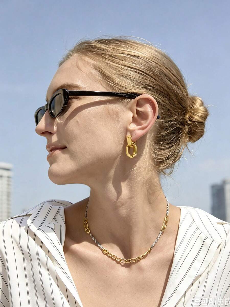 S SHOPBOHO 1 paire de boucles d'oreilles à maillons de chaîne hypoallergéniques ton or & argent, matériau en acier inoxydable, design à maillons ovales - Boucles d'oreilles géométriques - Voir 1