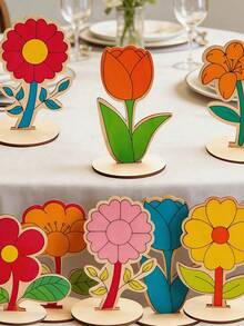 6 Types Of Floral Shaped Natural Wood Blank, Unpainted Natural Wood Floral Handmade Materials, DIY Free Painting, Suitable For Home Decor, Personalized Photo Display, Art Project Gifts, Birthday And Graduation Ceremonies And Other Occasions. - Multicolor - View 10