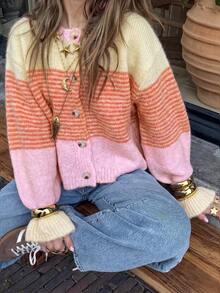 Women's Elegant Gentle Style Colorblock Striped Gradient Mohair Knit Cardigan, Ruffle Lantern Sleeve Loose Short Sweater Jacket - Multicolor - View 1