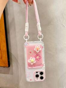 INS Summer 3D Colorful Flower Lanyard Card Holder Phone Case, Compatible With Apple 16 Pro Max/ 15 Pro Max, New 11 Creative 12 Soft Shell 11 Anti-Drop 14 Pro/13 Protective Cover Full Coverage Women's Style 17 Pro Max/17/Pro/17 Plus/17 - Berwarna merah muda - View 3