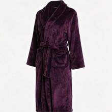 Women's Autumn/Winter Thick Coral Fleece Bathrobe, Long Design, Lapel Collar With Waist Tie, Soft And Warm, With Pockets, Suitable For Home Use As Morning Robe Or Bathrobe - Purple - View 8