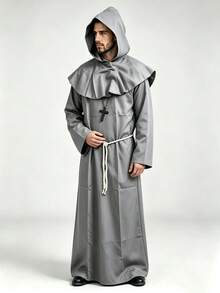 1 Set Men's Halloween Cosplay Medieval Cloak Monk Robe Wizard Priest Gown With Hood, Waist Rope & Necklace - Grey - View 3