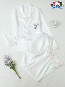 Sanrio Women's Satin Pajama Set, Hello Kitty Leopard Print Long Sleeve Top And Bow Long Pants Set - White - View 1