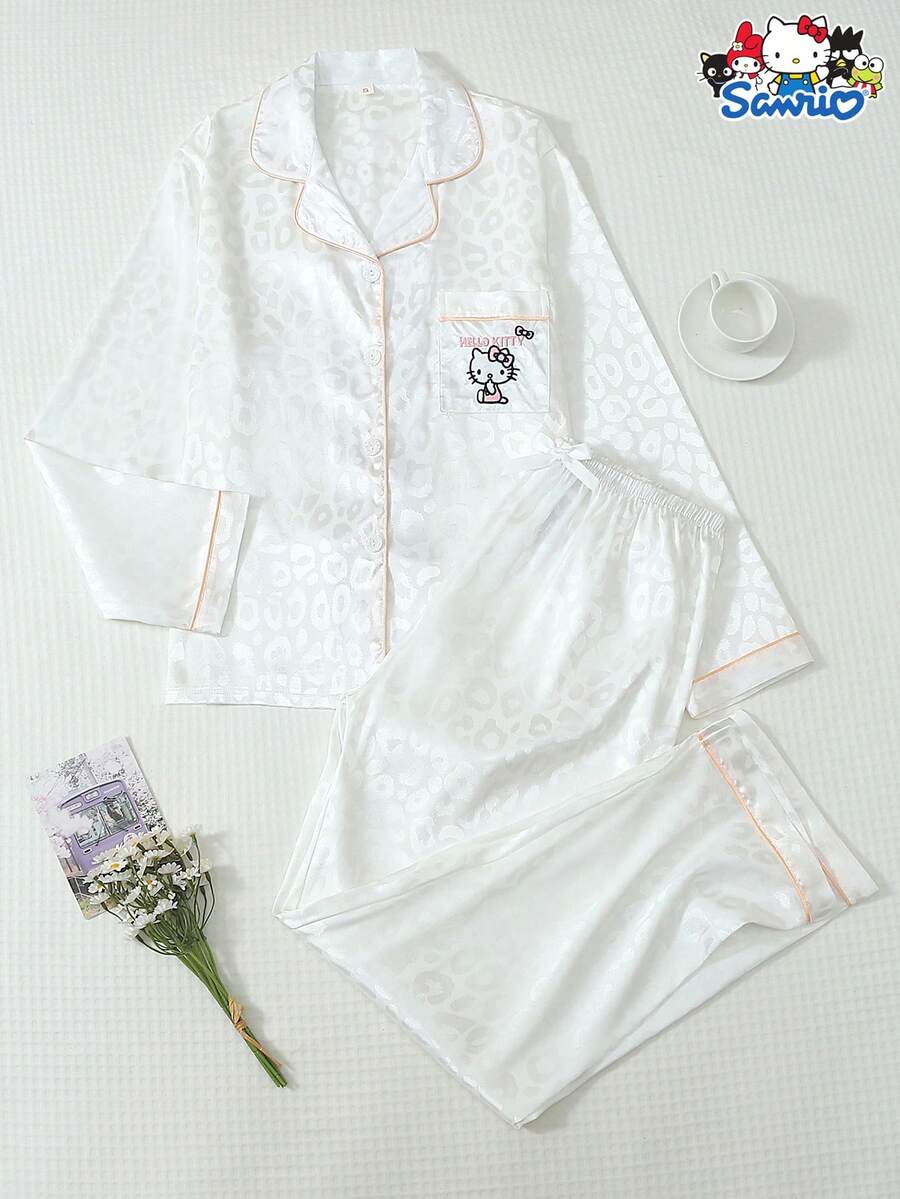 Sanrio Women's Satin Pajama Set, Hello Kitty Leopard Print Long Sleeve Top And Bow Long Pants Set - White - View 1