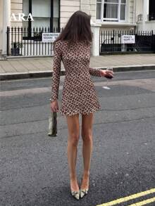 ARA CHIC Women's Printed Long Sleeve Mini Dress, Round Neck Fitted Ruffle Hem Skirt, Vintage Circular Pattern Bodycon Dress, Casual Outing Party Outfit - Coffee Brown - View 10