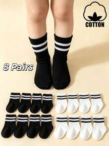 8 Pairs Children's Solid Color Minimalist Double Stripe Weekday Socks, Comfortable Versatile Casual Sports Socks, Sweat-Absorbent And Odor-Resistant - Multicolor - View 5