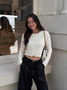 Sookaug 優雅鏤空長袖羅紋圓領鉤針針織開襟衫，秋季必備，2026新款，女款小圓領羅紋針織條紋開襟衫，長袖標準版型針織上衣，中等彈性，適合秋冬穿著 - 米色 - 查看 1