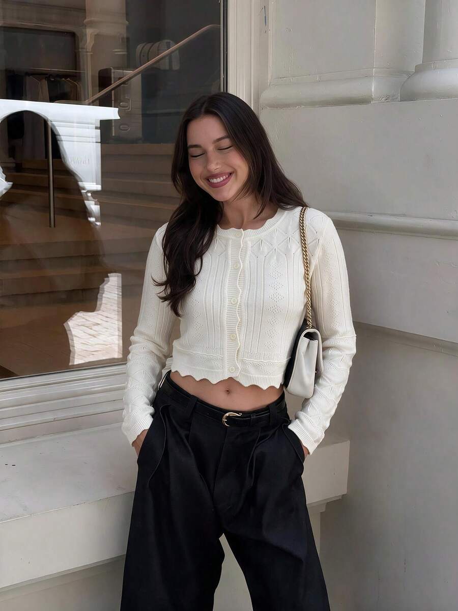 Sookaug 優雅鏤空長袖羅紋圓領鉤針針織開襟衫,秋季必備,2026新款,女款小圓領羅紋針織條紋開襟衫,長袖標準版型針織上衣,中等彈性,適合秋冬穿著 - 米色 - 查看 1