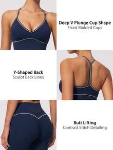 NcmRyu Women's One Set Contrast Color White Line Spaghetti Strap V-Neck Y-Back Tank Top And Hip-Lifting Mid-Length Shorts Sports Set - Blue - View 4