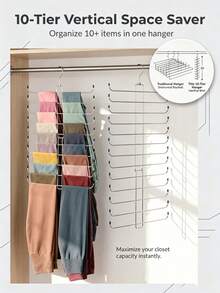 10-Tier Foldable Metal Clothes Rack, Space-Saving, Suitable For Wardrobe, Closet, Bedroom, No-Trace Scarf And Pants Hanger, 360-Degree Rotating Hanger, Multi-Layer Space-Saving Hanger, T-Shirt Drying Rack, Wardrobe Storage Box, Bedroom Dormitory Accessories - Silver - View 9