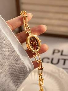 1pc Women's Bracelet Watch, Luxury Oval Roman Numeral Dial, Embedded Diamond Crystal, Water Ripple Design, Alloy Quartz Watch, Gift For Girlfriend - Gold - View 1
