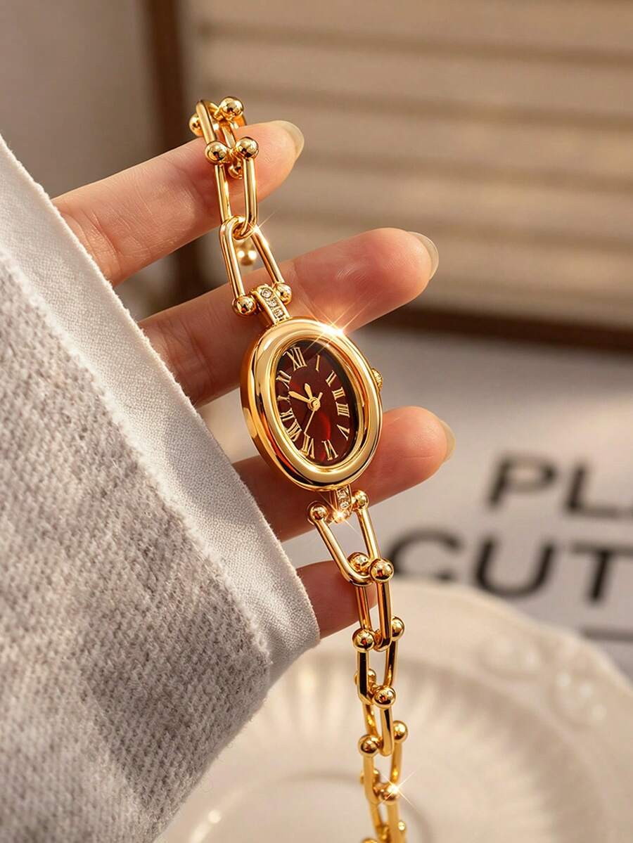 1pc Women's Bracelet Watch, Luxury Oval Roman Numeral Dial, Embedded Diamond Crystal, Water Ripple Design, Alloy Quartz Watch, Gift For Girlfriend - Gold - View 1