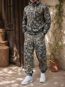 Men's Spring/Autumn Camouflage Hoodie Top And Long Pants Casual Fashion Set, Suitable For Daily Commute And Vacation - Grey - View 1