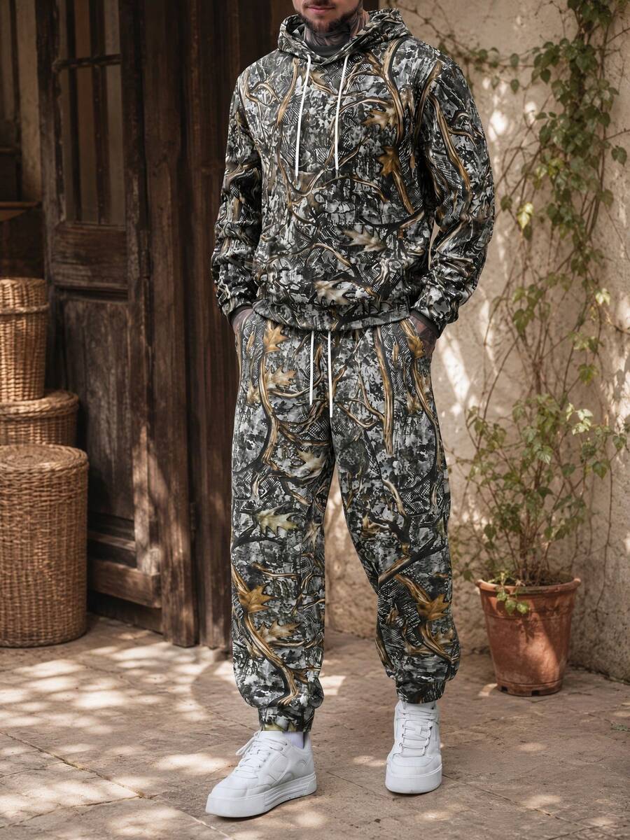 Men's Spring/Autumn Camouflage Hoodie Top And Long Pants Casual Fashion Set, Suitable For Daily Commute And Vacation - Grey - View 1