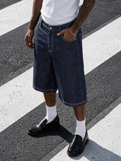 HOMIIE Men's Casual Bermuda Shorts, Y2K Print Dark Blue Loose Knee-Length Elastic Waist Casual Shorts, Summer Street Style City Vacation Outfit