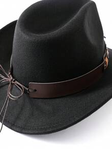 1pc Pure Black Faux Wool Western Cowboy Hat With Dark Brown Leather Hat Band, Decorated With Silver Bull Head Badge And Vintage Metal Round Buckle, Black And Brown Contrast Cool Style, Shapeable Wide Brim, Outdoor Travel Photography Western Style Versatile Sun Protection Hat, Unisex - Top Hat - View 2