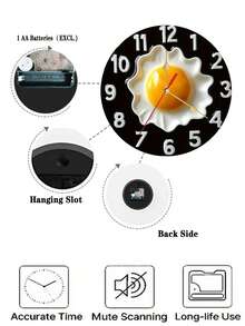1pc 10"/12" 2D Flat Design Wooden Wall Clock, Breakfast Theme, Black Background, White Numbers & Fried Egg Illustration, Classic Kitchen Or Restaurant Decor, Multi-Functional Practical Clock - Multi-color 3 - View 7