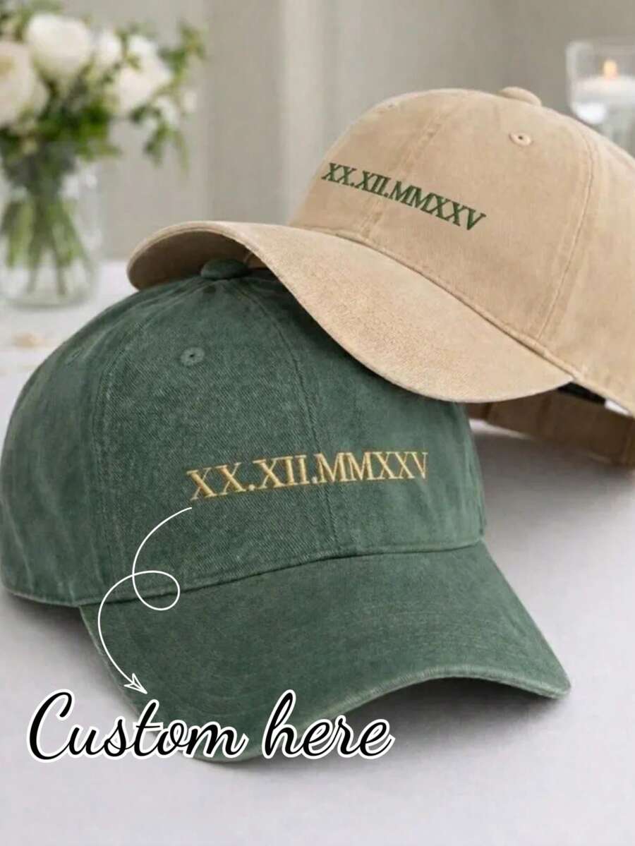 1pc Personalized Roman Numeral Date Embroidered Distressed Baseball Cap, Vintage Washed Cotton Adjustable Strap Design, Minimalist Casual Custom Sun Hat, Couple Anniversary Gift, Wedding Anniversary Birthday Present, Christmas Gift - Multicolor 4 - View 1